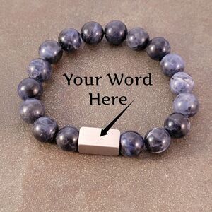 New Custom Word Engraved Silver & Dark Blue Soladite Beaded Stretch Brac…